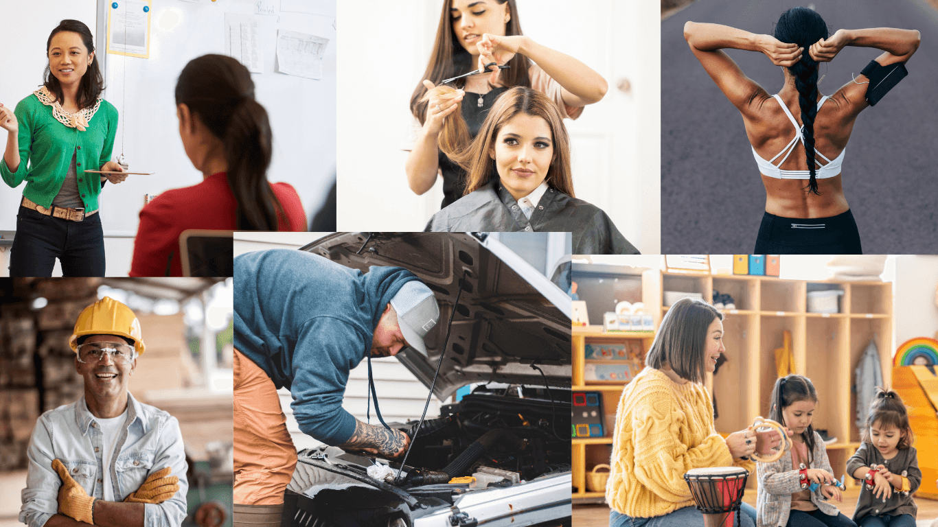 People teaching, styling hair, exercising, building, repairing a car, and caring for children